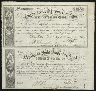 Certificate and attached large coupon with black ink shows intricate lettering, signatures, and vignettes of American and British flags