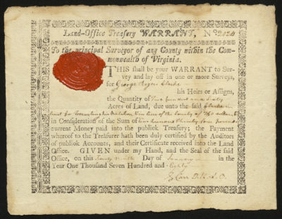 Certificate with black ink shows an intricate border and red wax seal