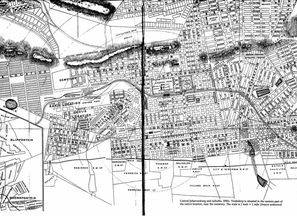 Map showing plats of the town of Johannesburg and surrounding mining claims