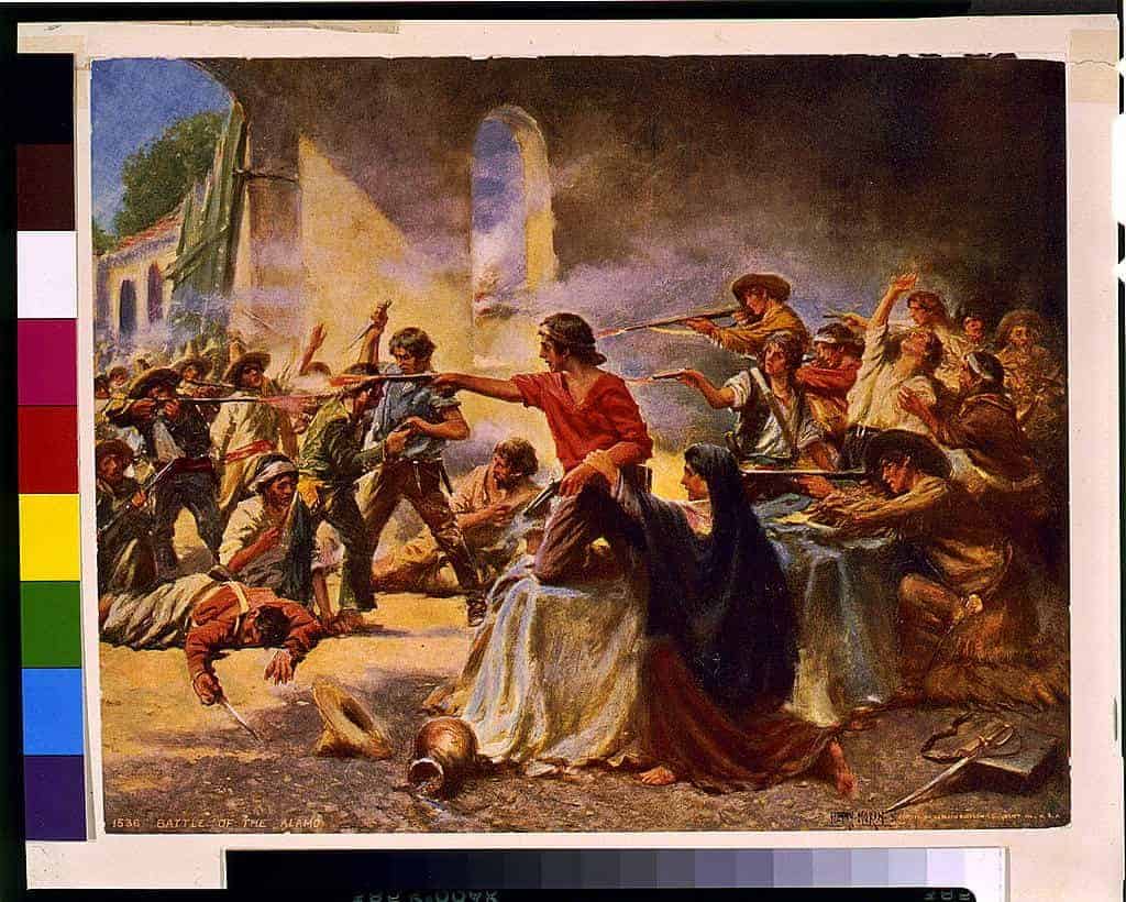 Illustrated scene of the Battle of the Alamo with Texian forces in the foreground firing on Mexican forces